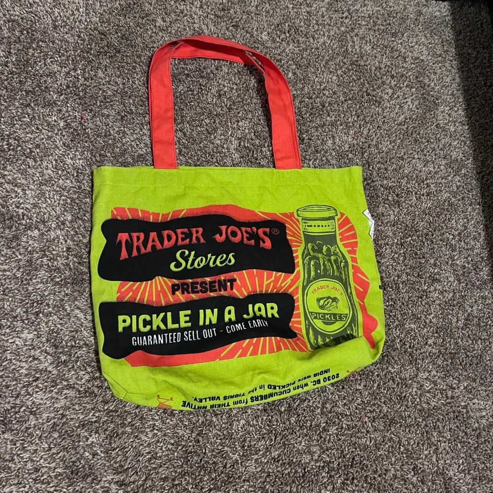 Trader Joes Pickle In A Jar Reusable Canvas Tote Bag Green Made in USA
